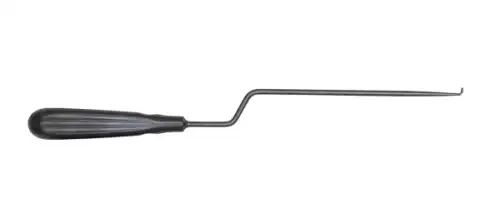 Wiggins black coated MIS bayonet curette with ridged handle, side view