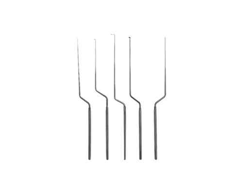 A set of five Wiggins MIS bayonet dissectors, nerve hooks and ball probes