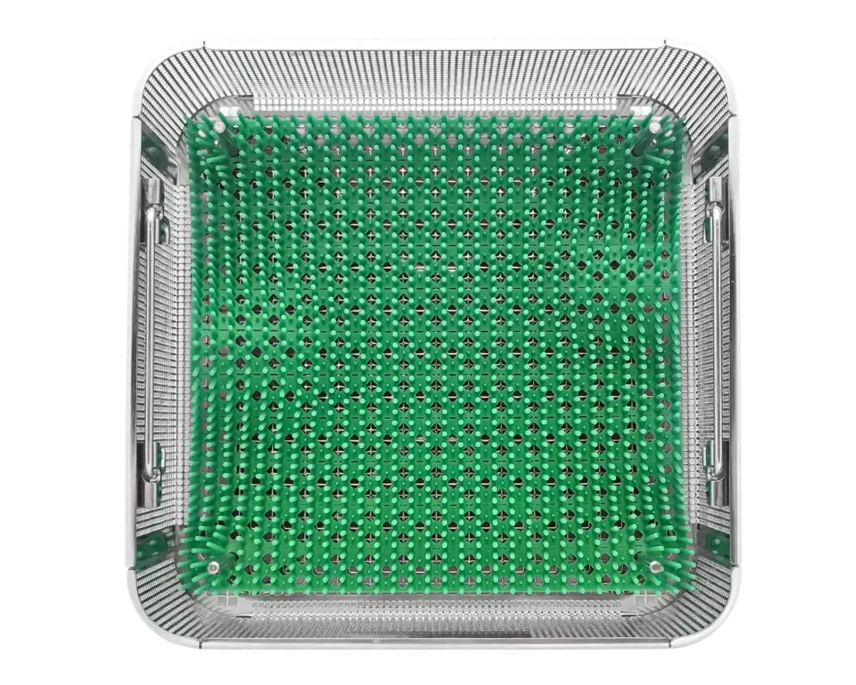 Wiggins bipolar cable sterilization tray, open with green silicone mat
