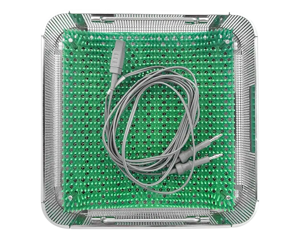Wiggins bipolar cable sterilization tray holding a coiled bipolar cable