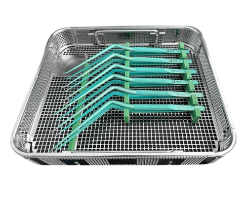 Wiggins Isabella tumor forceps lined up in a sterilization tray, angled view